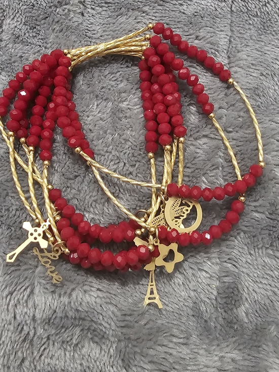 Jewelry - Gold & Red Beaded Charm Bracelet Set - Women Jewelry